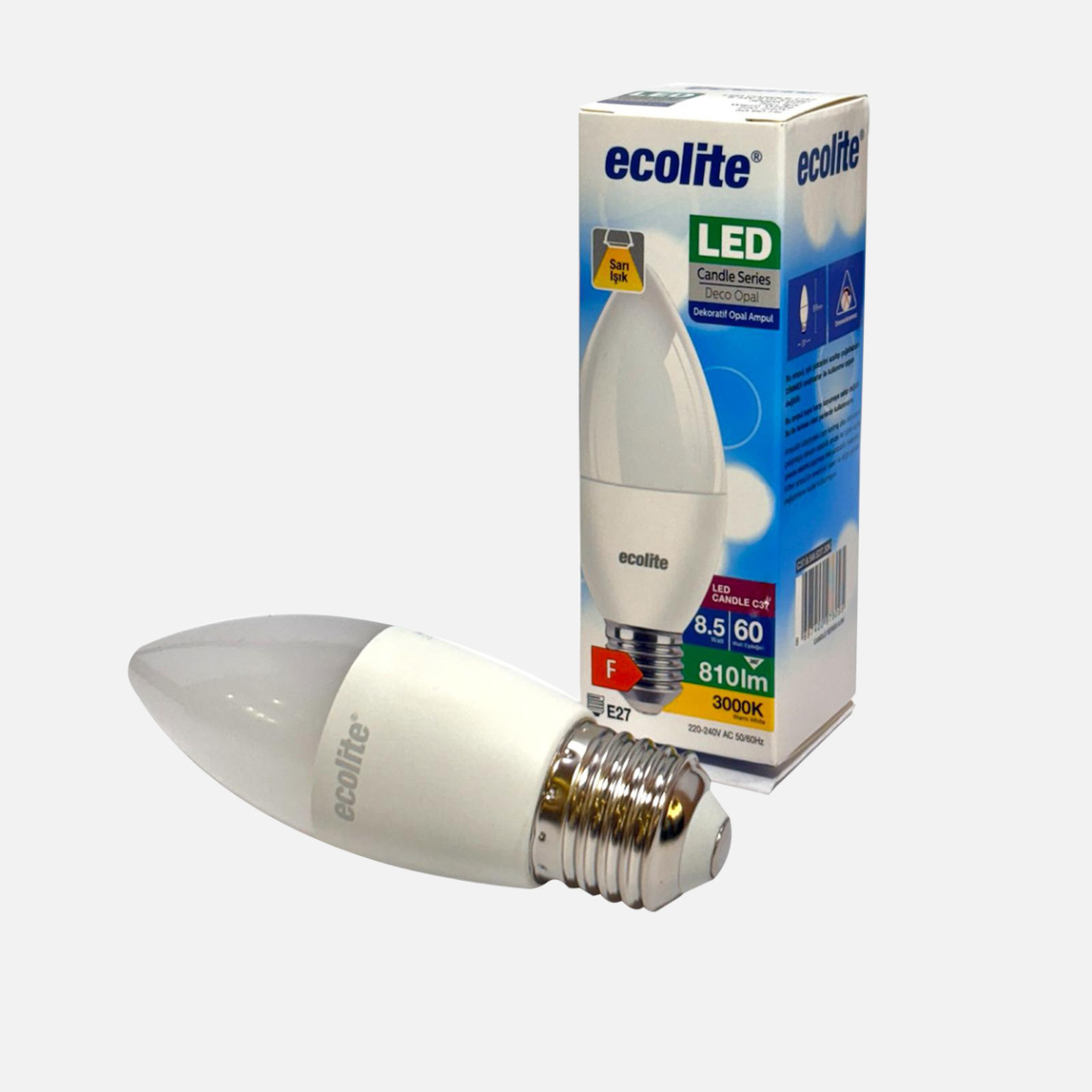    Ecolite C37 LED Ampul 8.5W, Sarı Işık (3000K)  