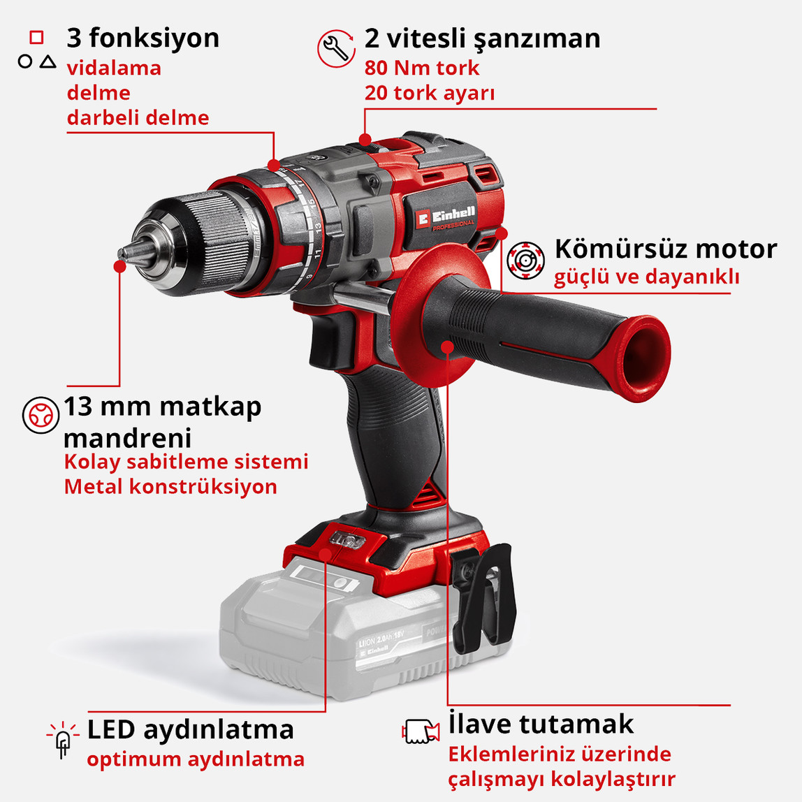    Einhell TP-CD 18/80 Li-i BL Solo Akülü Darbeli Vidalama(Akü ve Şarj Cihazı Dahil Değildir.) 