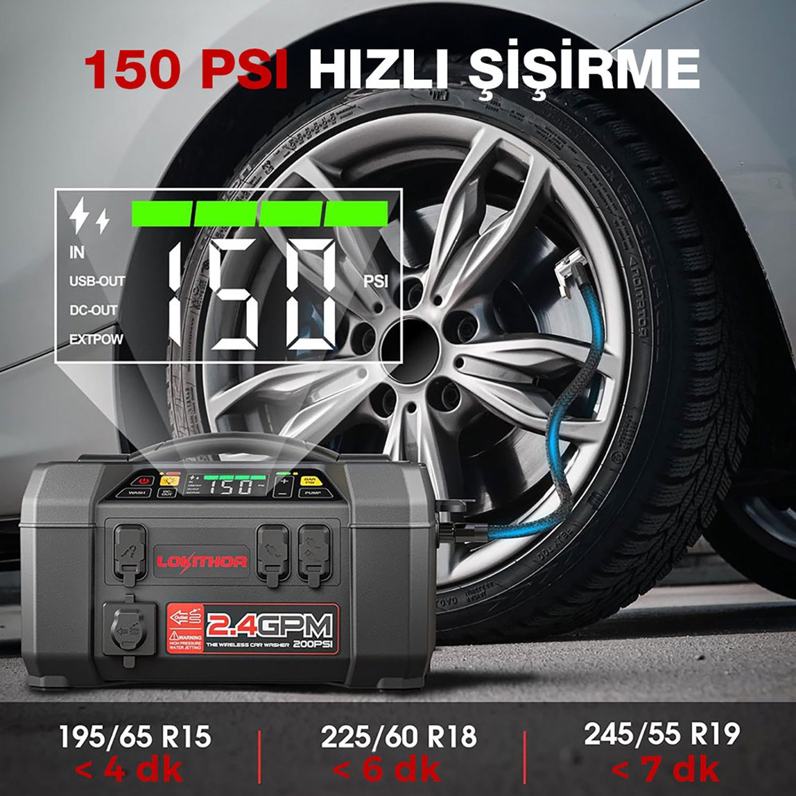    Lokithor AW401 12V 2500Amp Li-Polimer Akıllı Akü Takviye Cihazı (Pompa -Basınçlı Yıkama - Powerbank - Led Lamba) 