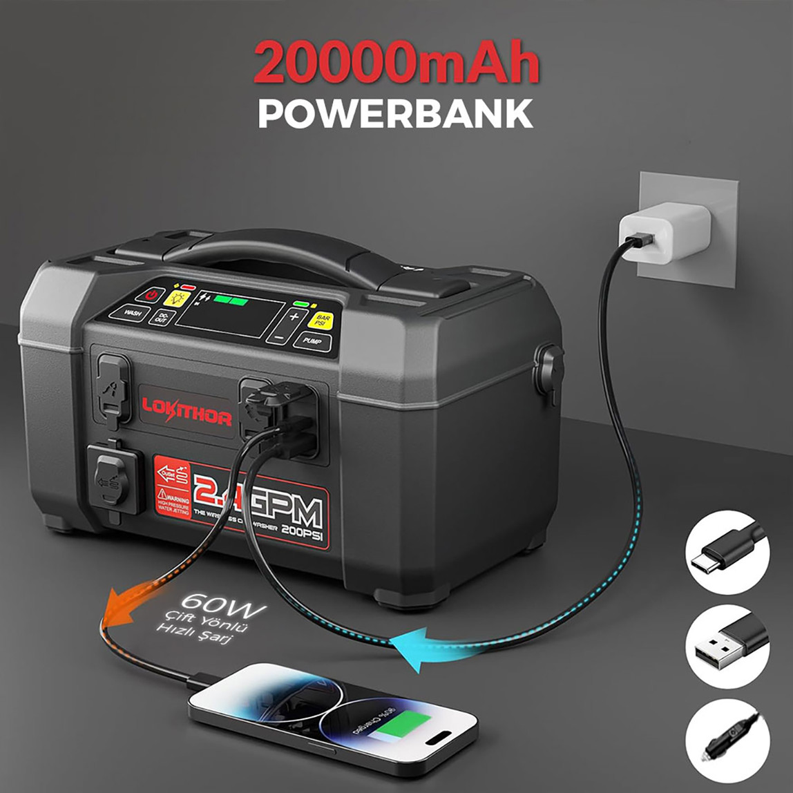    Lokithor AW401 12V 2500Amp Li-Polimer Akıllı Akü Takviye Cihazı (Pompa -Basınçlı Yıkama - Powerbank - Led Lamba) 