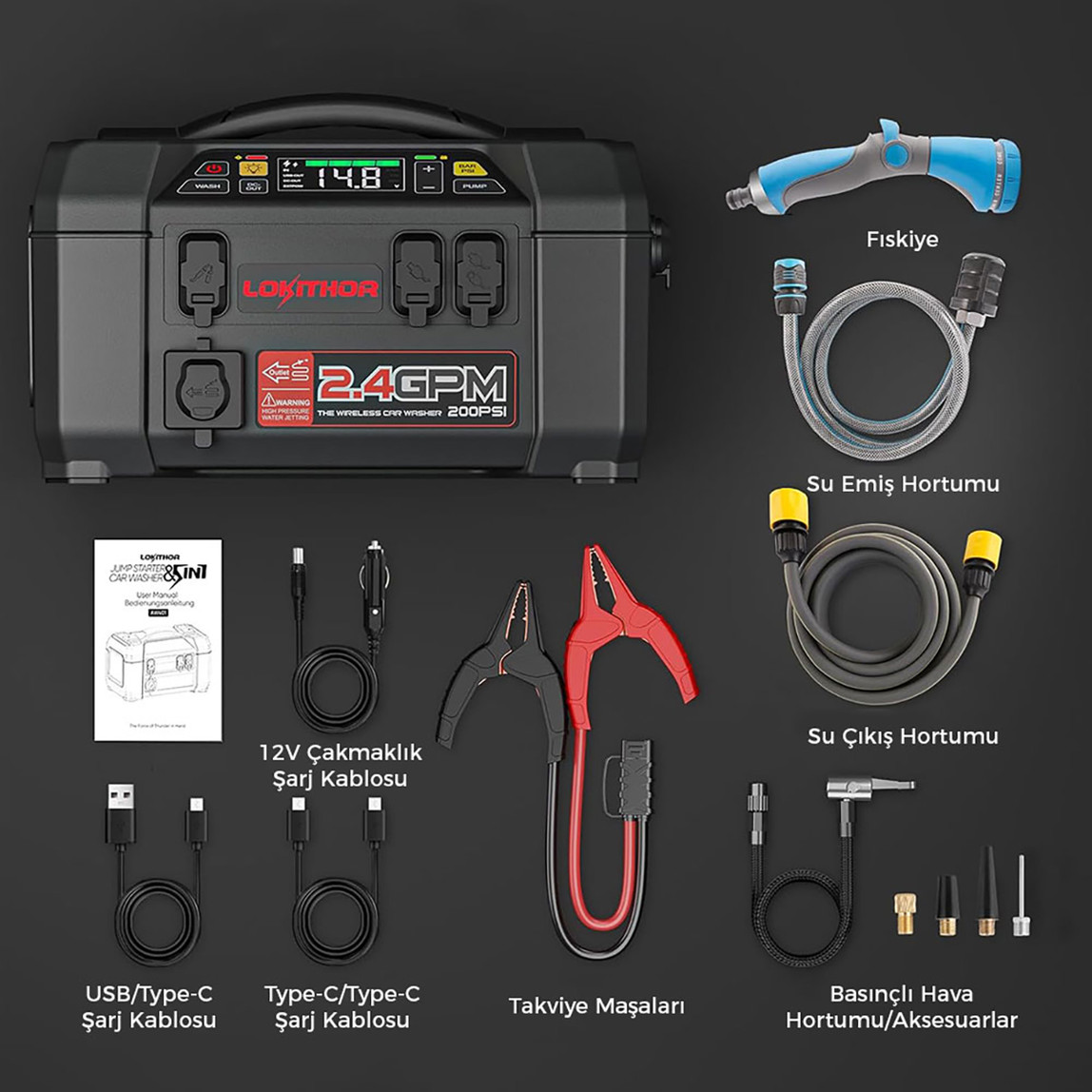    Lokithor AW401 12V 2500Amp Li-Polimer Akıllı Akü Takviye Cihazı (Pompa -Basınçlı Yıkama - Powerbank - Led Lamba) 