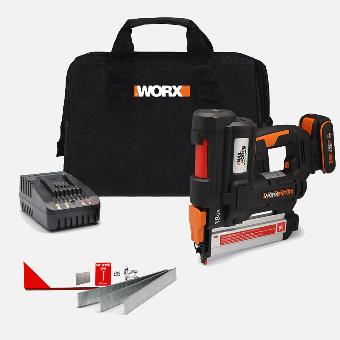    Worx WX842 20 Volt 2.0Ah Li-ion 15-50 mm Profesyonel Şarjlı Çivi Çakma Makinesi (2700 Adet Yedek Çivi Hediye) 