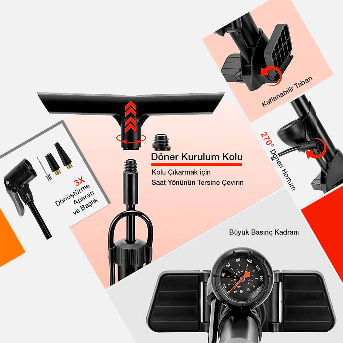    KOBB KB3848 87 PSI Analog Basınç Göstergeli Taşınabilir El Pompası 