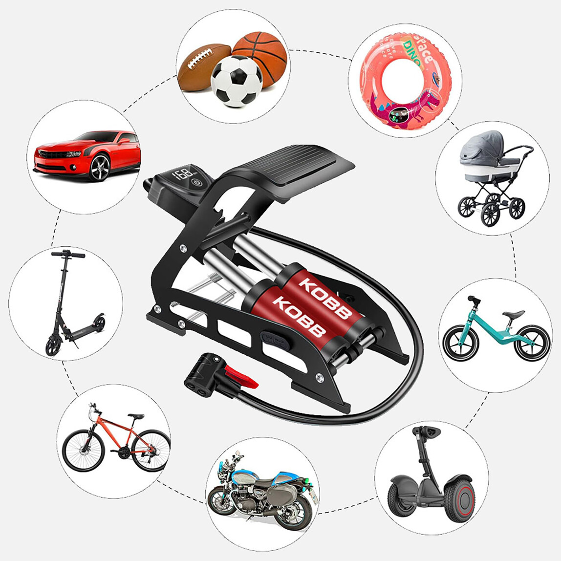    KOBB KB5402D Çift Pistonlu Dokunmatik Dijital Basınç Göstergeli Ayak Pompası + Taşıma Kılıfı 