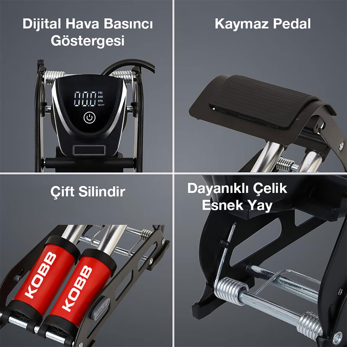    KOBB KB5402D Çift Pistonlu Dokunmatik Dijital Basınç Göstergeli Ayak Pompası + Taşıma Kılıfı 
