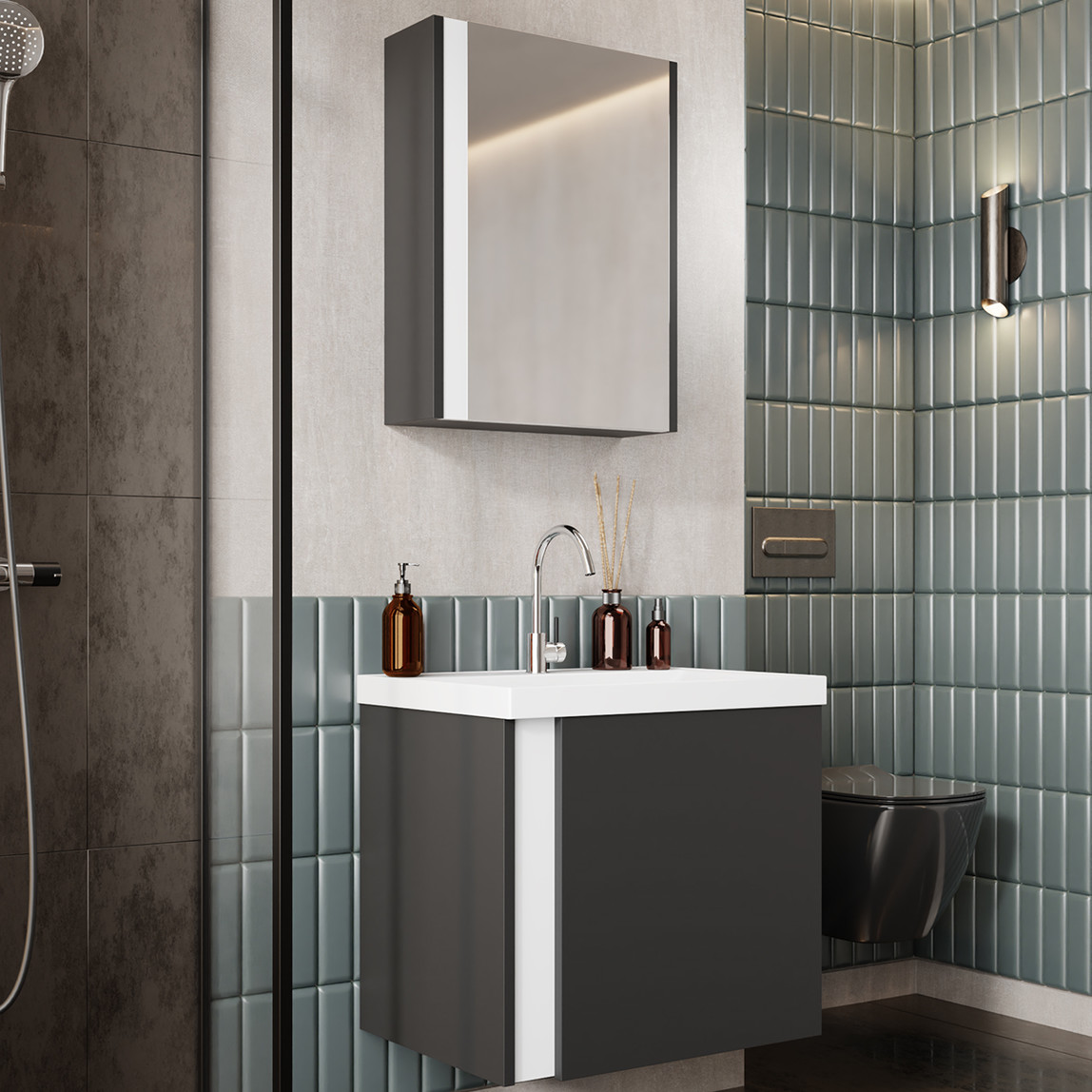    Kemer Aynalı 50 cm Takım Banyo Dolabı Antrasit 