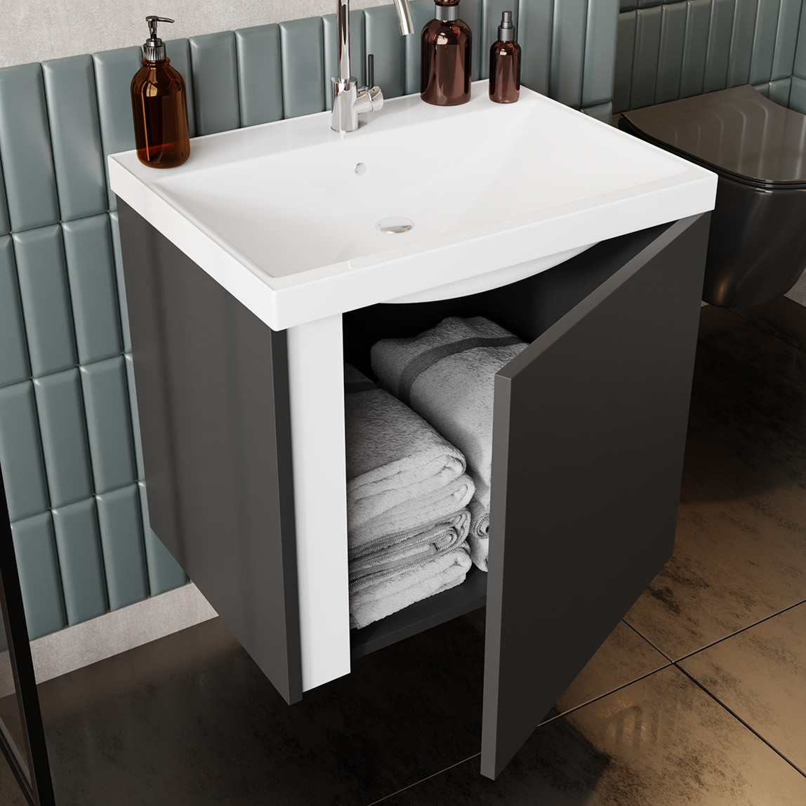    Kemer Aynalı 50 cm Takım Banyo Dolabı Antrasit 