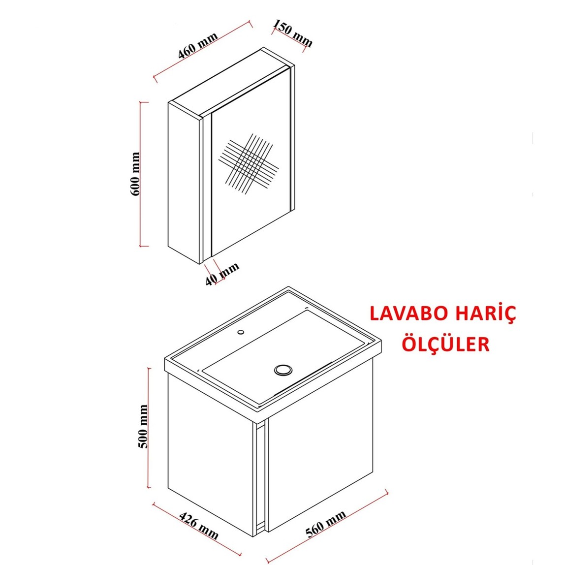    Kemer Aynalı 60 cm Takım Banyo Dolabı Antrasit 