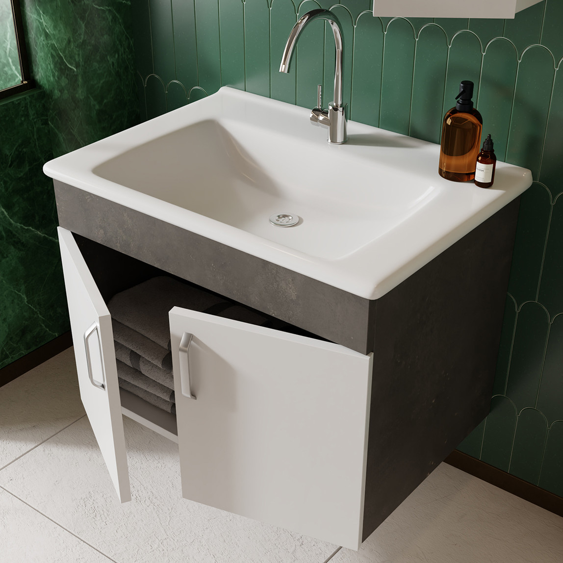    Gümüş Aynalı 65 cm Takım Banyo Dolabı Gümüş-Beyaz 