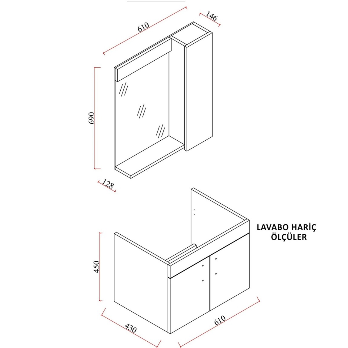    Gümüş Aynalı 65 cm Takım Banyo Dolabı Gümüş-Beyaz 