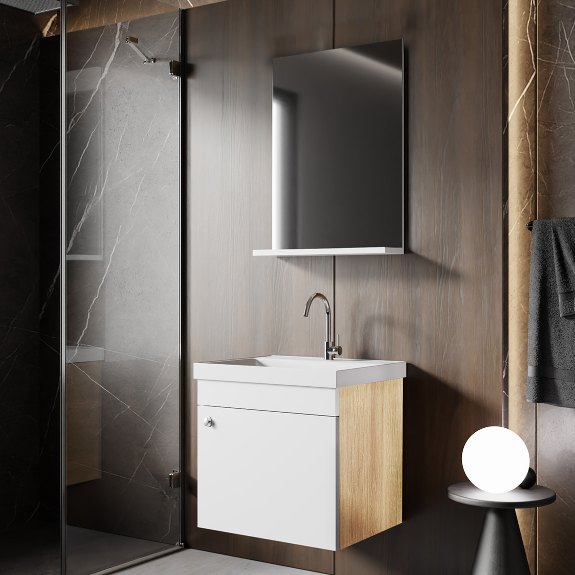    Milano Aynalı 50 cm Takım Banyo Dolabı Somono Meşe 