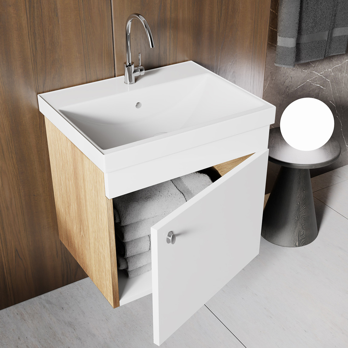    Milano Aynalı 50 cm Takım Banyo Dolabı Somono Meşe 