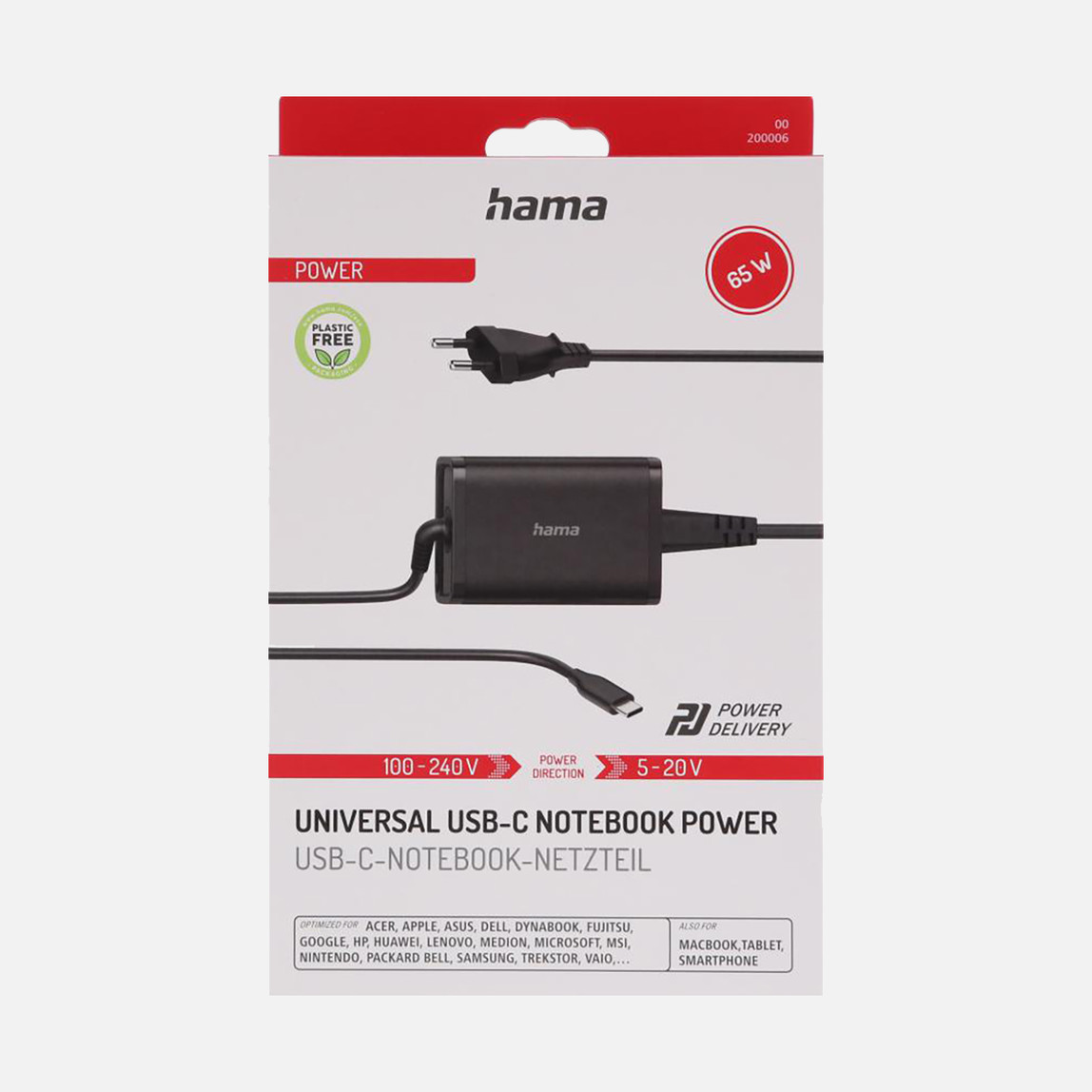    HAMA USB-C Notebook Güç Adaptörü 5-20V/65W 