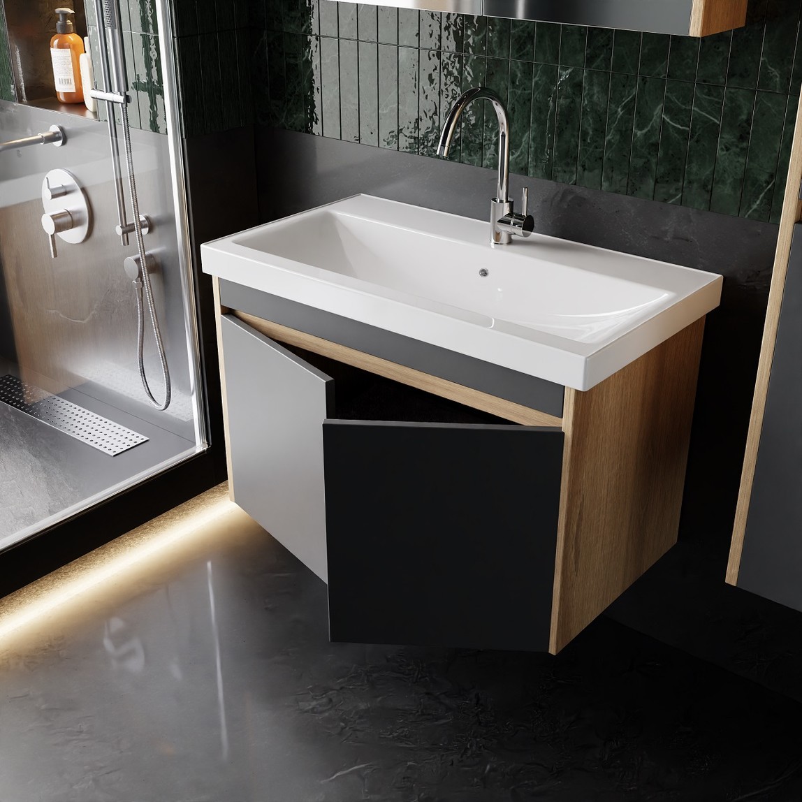    Dallas Aynalı 80 cm Takım Banyo Dolabı Somono Meşe-Antrasit 