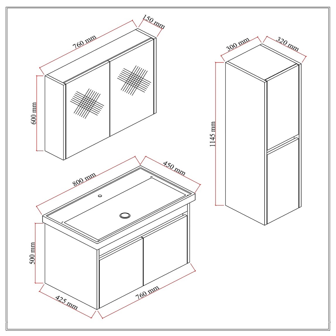    Dallas Aynalı 80 cm Takım Banyo Dolabı Somono Meşe-Antrasit 