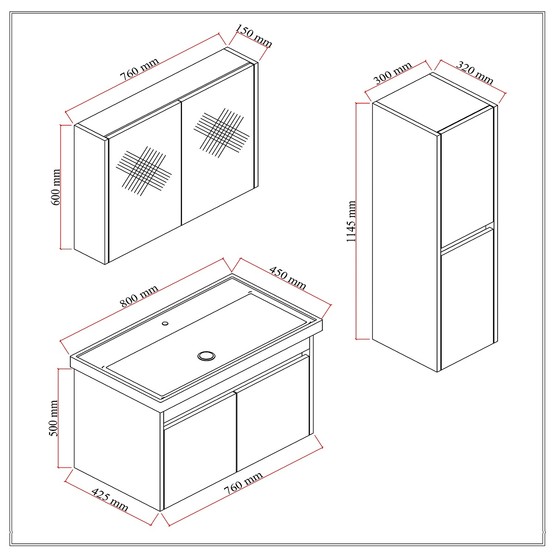 Dallas Aynalı 80 cm Takım Banyo Dolabı Somono Meşe-Antrasit