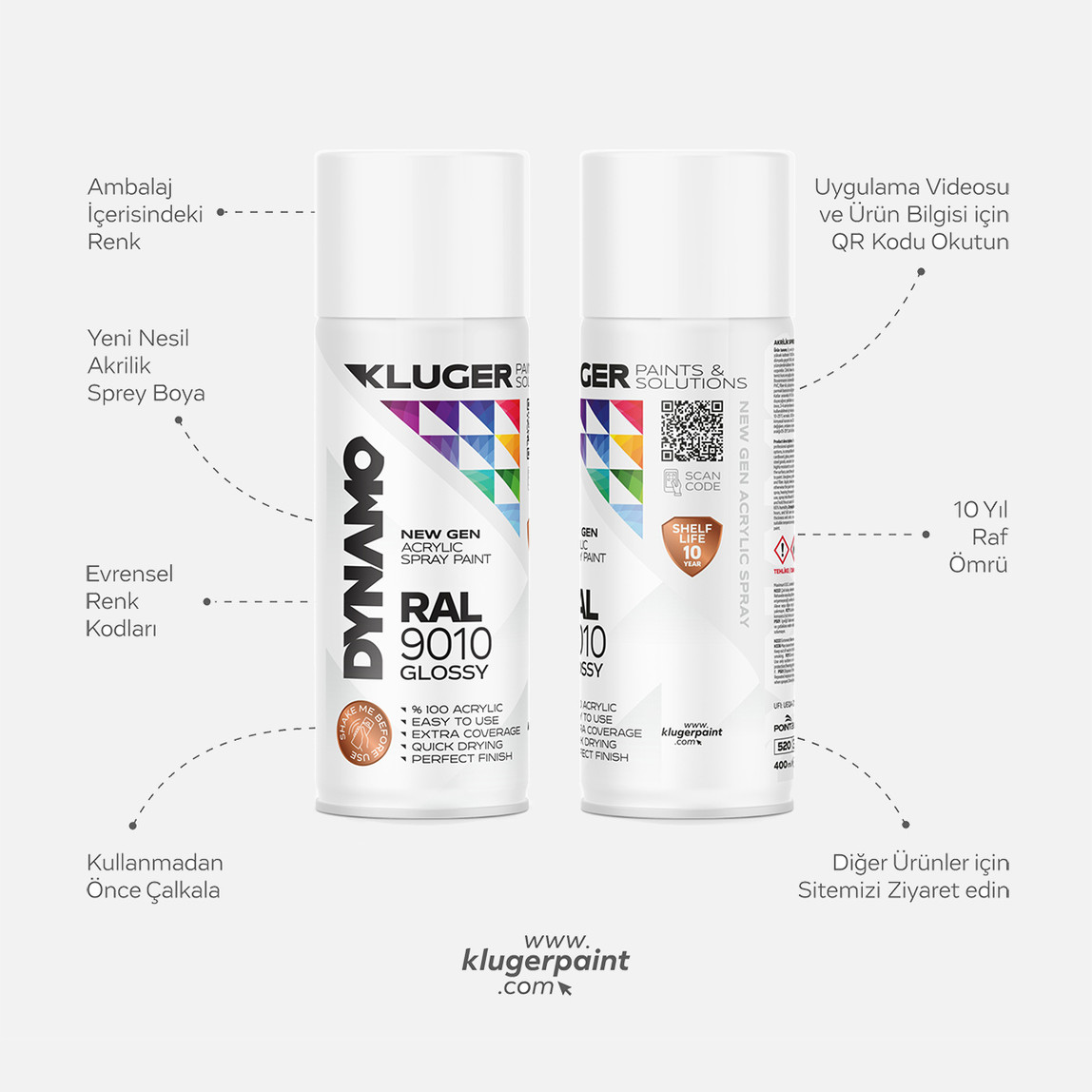    Kluger Dynamo Akrilik Düz Sprey Boya Parlak Beyaz RAL 9010 400 ML 