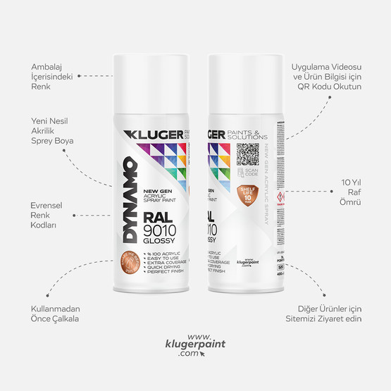 Kluger Dynamo Akrilik Düz Sprey Boya Parlak Beyaz RAL 9010 400 ML