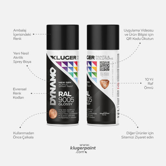 Kluger Dynamo Akrilik Düz Sprey Boya Parlak Siyah RAL 9005 400 ML
