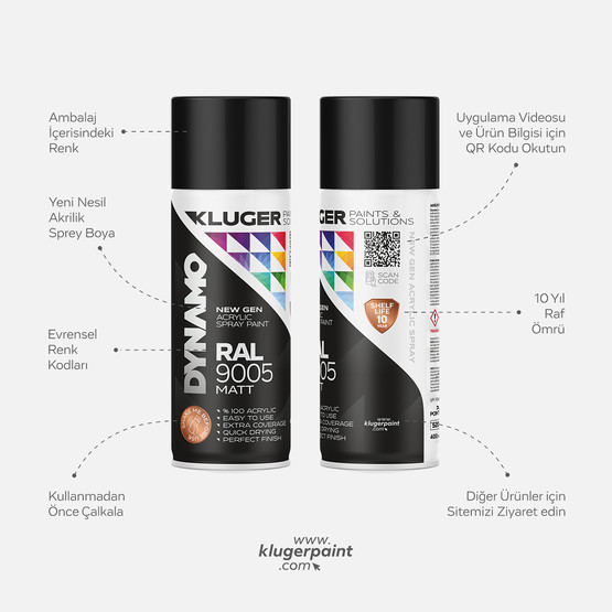 Kluger Dynamo Akrilik Düz Sprey Boya Mat Siyah RAL 9005 400 ML
