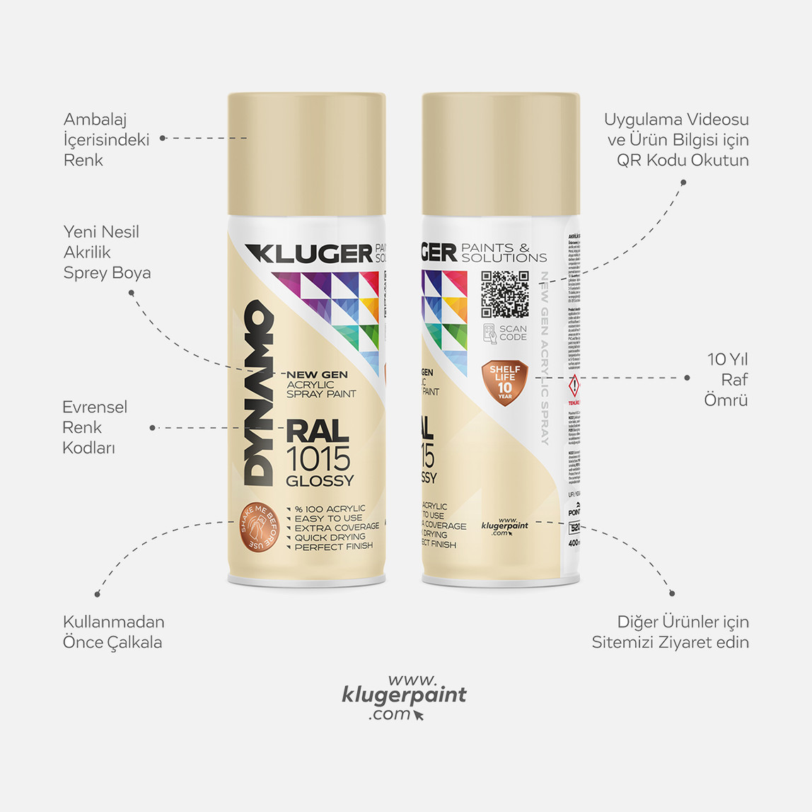    Kluger Dynamo Akrilik Düz Sprey Boya Krem RAL 1015 400 ML

 