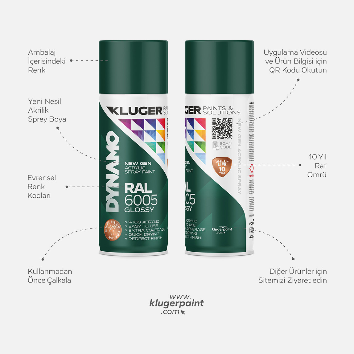    Kluger Dynamo Akrilik Düz Sprey Boya Yosun Yeşil RAL 6005 400 ML

 