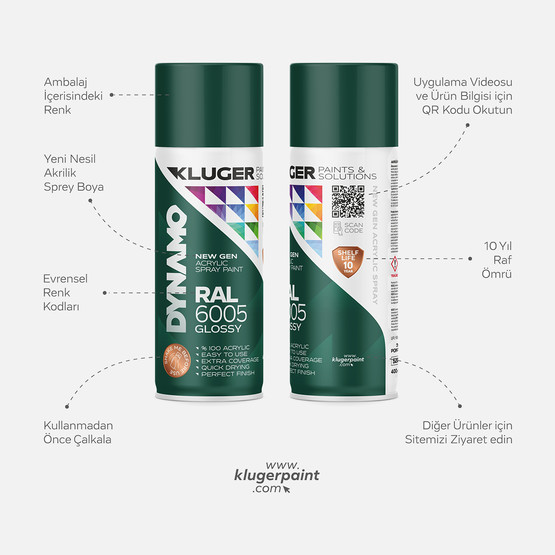 Kluger Dynamo Akrilik Düz Sprey Boya Yosun Yeşil RAL 6005 400 ML

