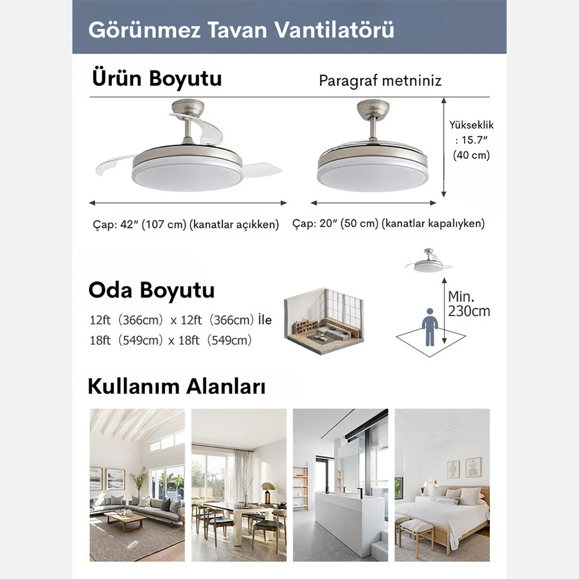    Dlc Espero Led Tavan Vantilatörü Açılır Kapanır Kanat Gümüş 107cm Uzaktan Kumandalı 