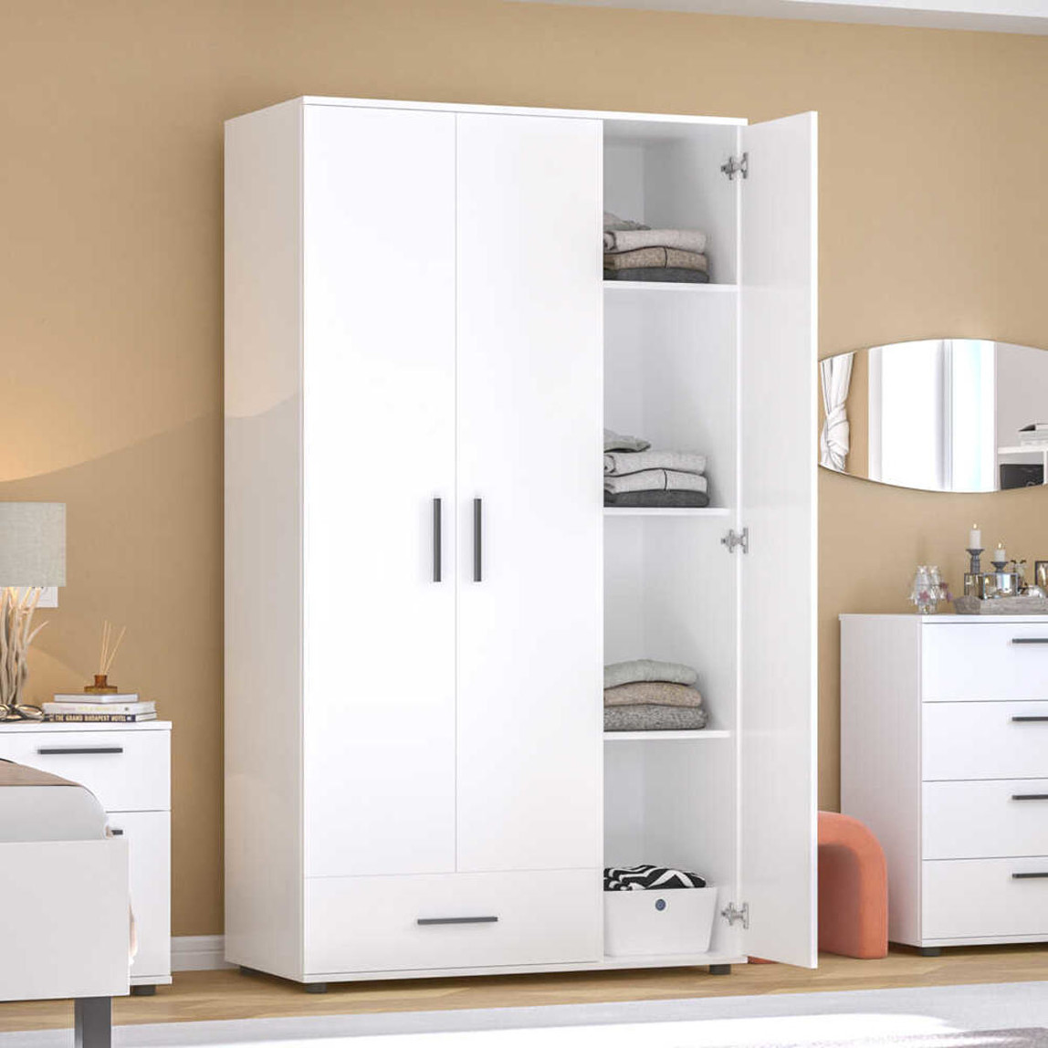   Adore White 3 Kapaklı Tek Çekmeceli Gardırop-Mat Beyaz 