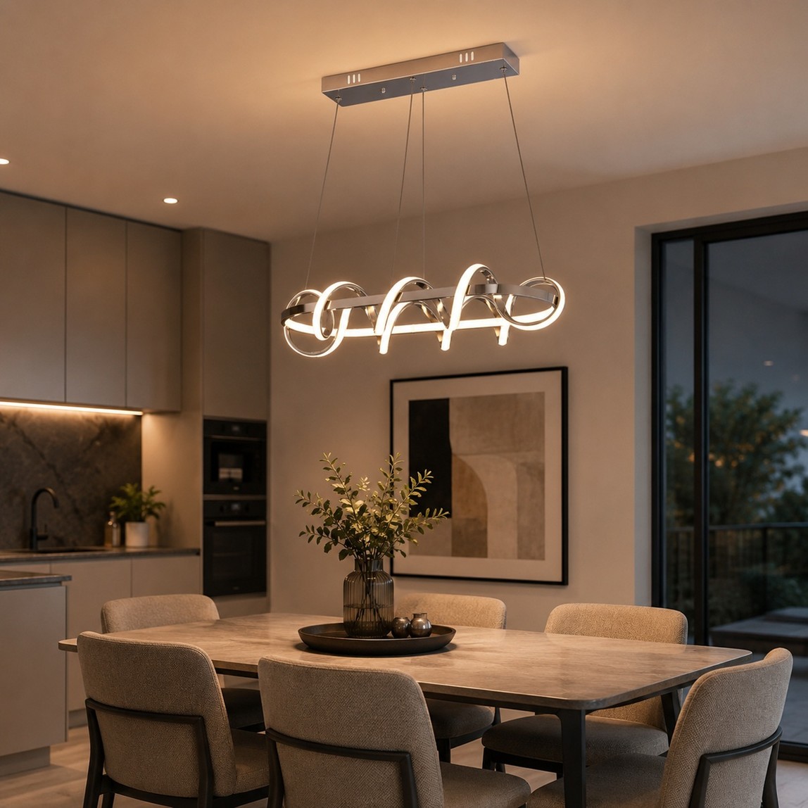    Dart Krom Led Yemek Masası Üzeri 3 Renk Işıklı Sarkıt Avize 