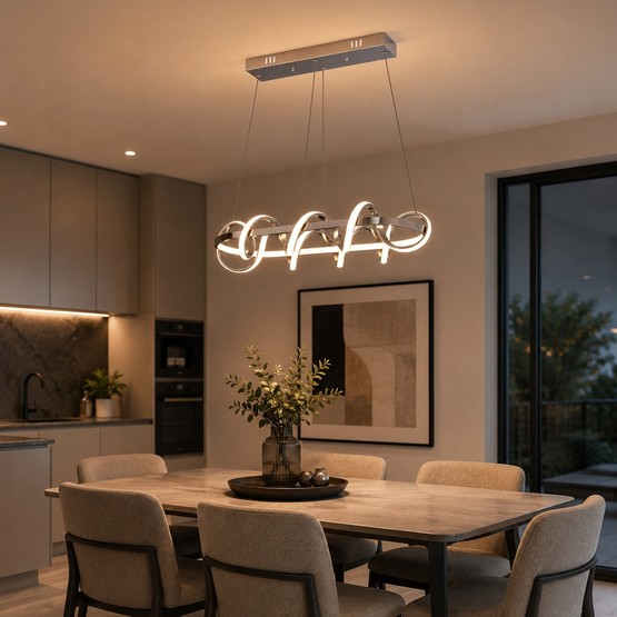 Dart Krom Led Yemek Masası Üzeri 3 Renk Işıklı Sarkıt Avize