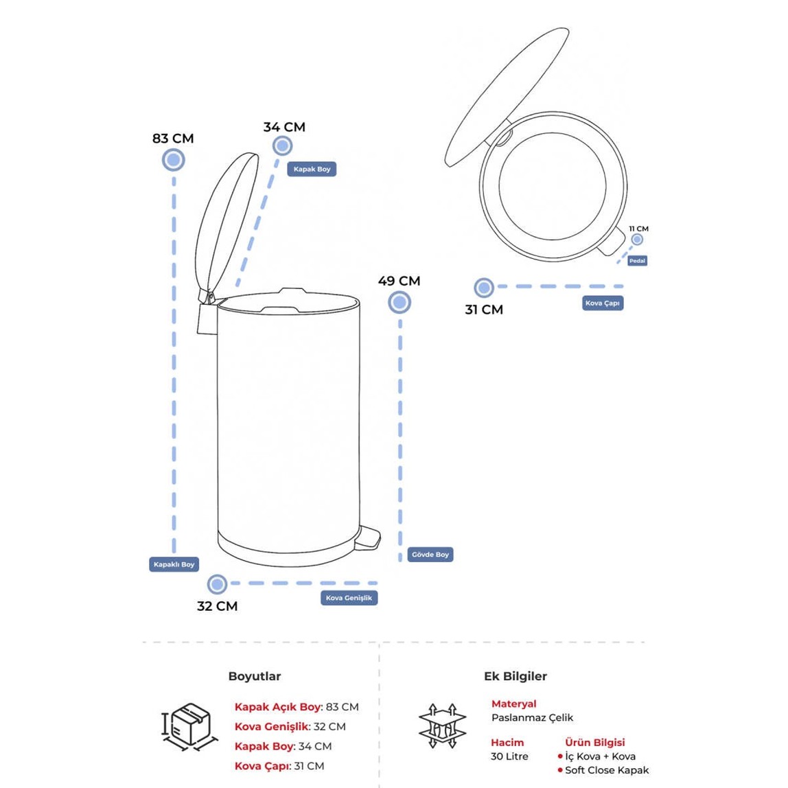    Bombe Kapaklı Çöp Kovası 30L Mat Beyaz 