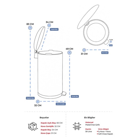 Bombe Kapaklı Çöp Kovası 30L Mat Beyaz