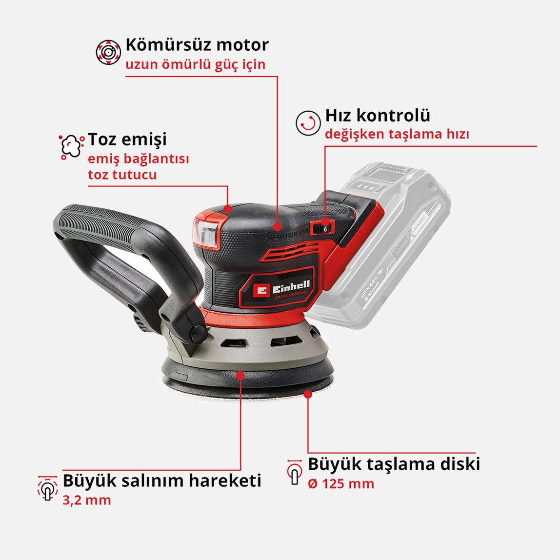    Einhell TP-RS 18/32 Li BL Solo Akülü Eksantrik Zımpara (Akü ve Şarj Cihazı Dahil Değildir.) 