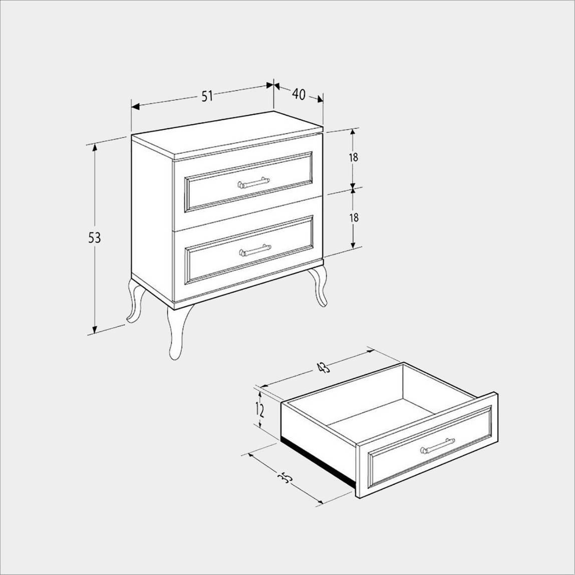    Country 2 Çekmeceli Komodin-Mat Lake Beyaz 51x53x40 cm (GxYxD) 