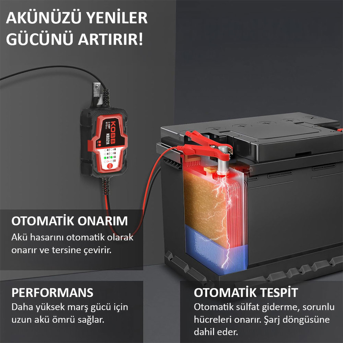   Kobb KBS2A 6V/12V 60Ah Akıllı Akü Şarj ve Akü Bakım Desülfatör 