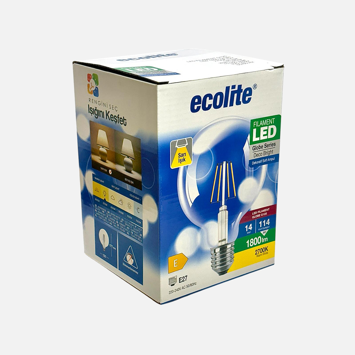    Ecolite LED Filament G125 14W Sarı Işık (2700K) 