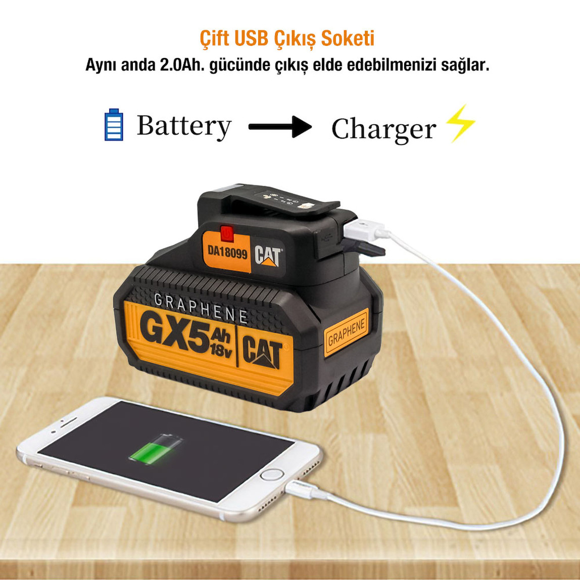    CAT DA18099 18Volt 2A Çift Çıkışlı USB Port + LED Fener (Akü Dahil Değildir) 