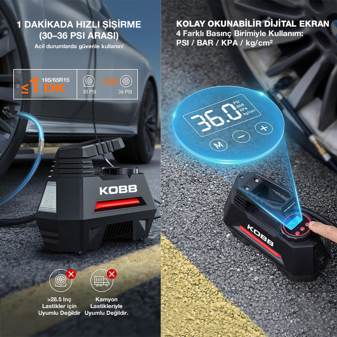    KOBB KB180 12Volt 150 PSI Ayarlanabilir Dijital Basınç Göstergeli Lastik Şişirme Pompası 