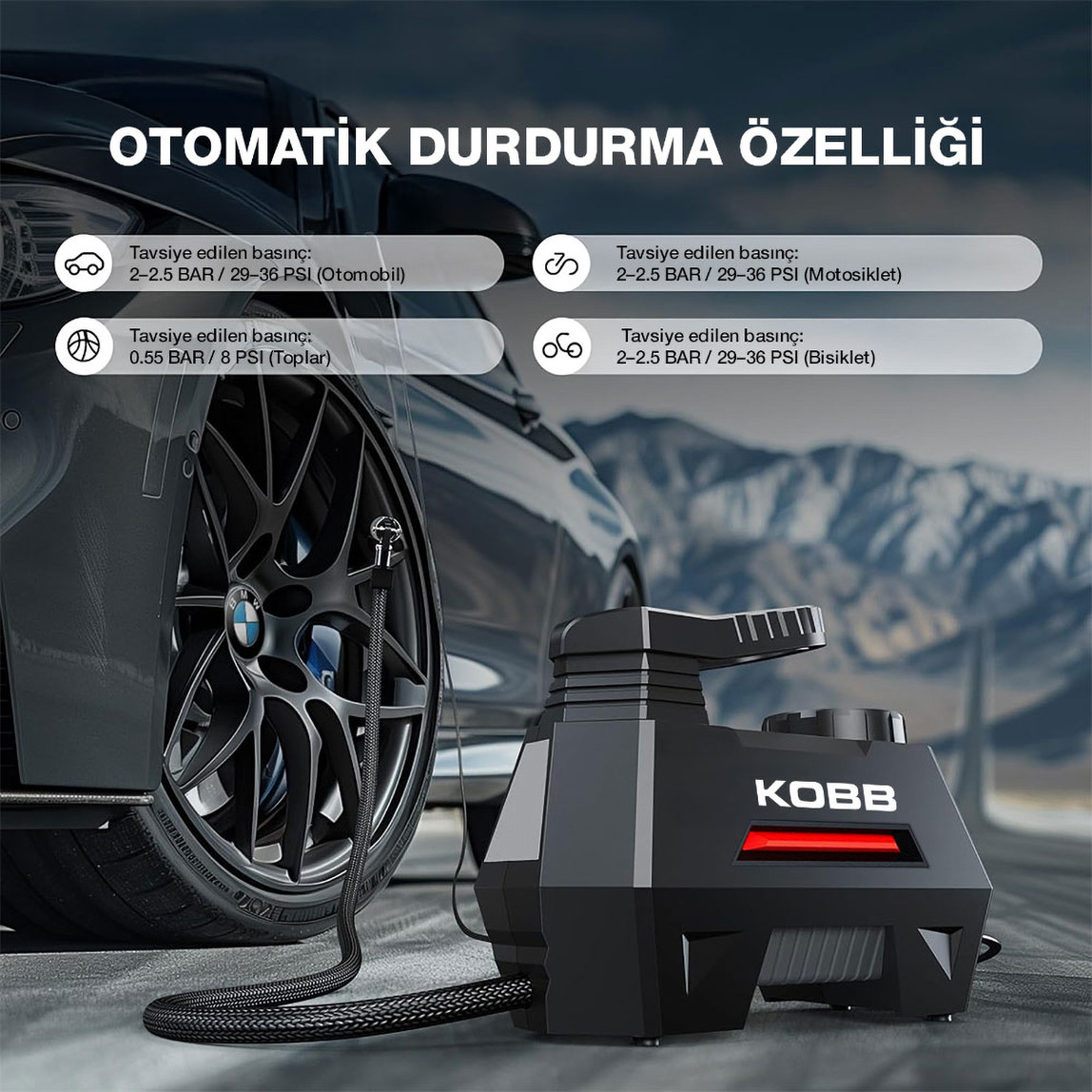    KOBB KB180 12Volt 150 PSI Ayarlanabilir Dijital Basınç Göstergeli Lastik Şişirme Pompası 