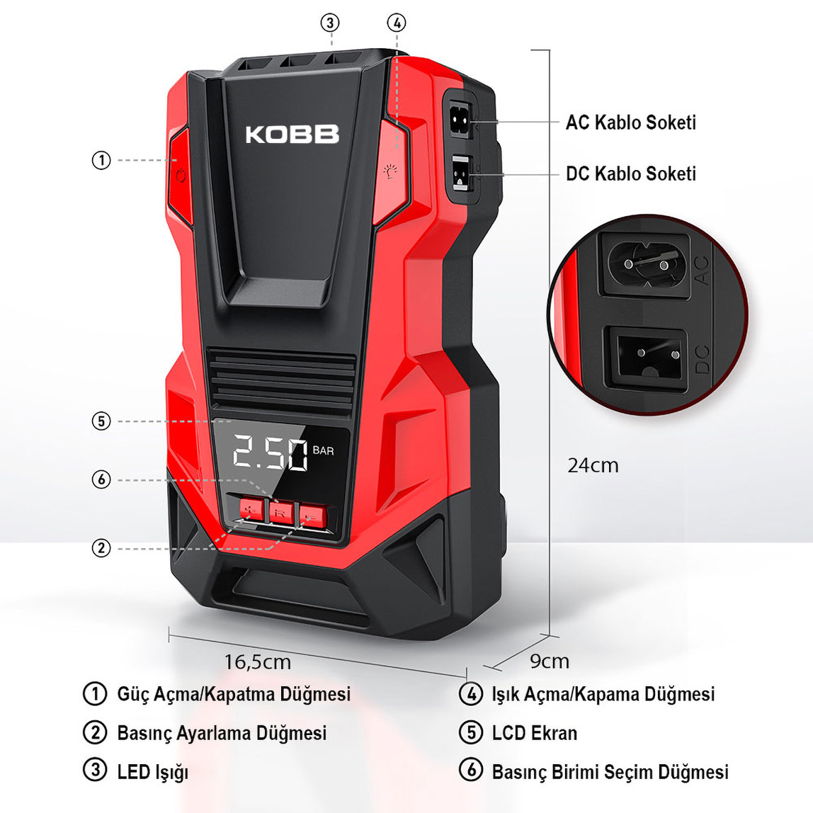    KOBB KB220 12Volt/220Volt 150 PSI Dijital Basınç Göstergeli Lastik Şişirme Pompası 