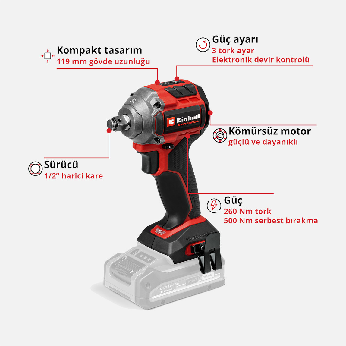   Einhell Profesyonel TP-CW 18/260-C Li BL Solo Akülü Somun Sıkma (Akü ve Şarj Cihazı Dahil Değildir.) 