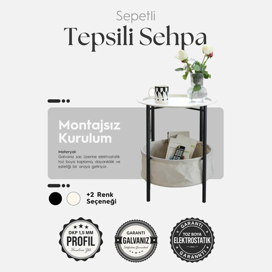 Katlanabilir Sepetli Tepsili Sehpa Krem

