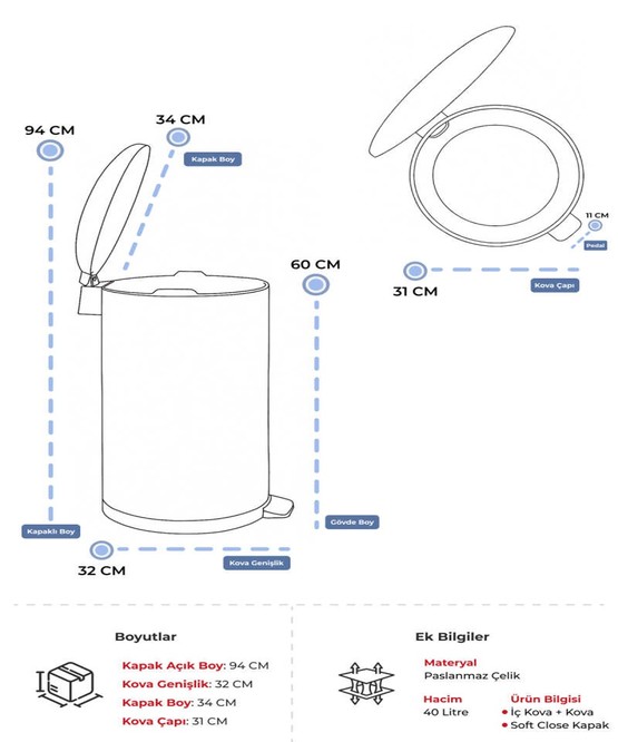 Bombe Kapaklı Çöp Kovası 40L Mat Beyaz