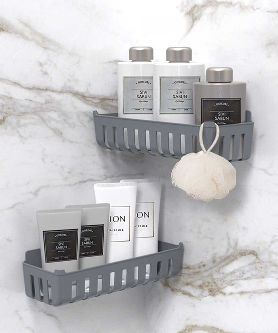 Deby 2'li Yapışkanlı Banyo Rafı Gri