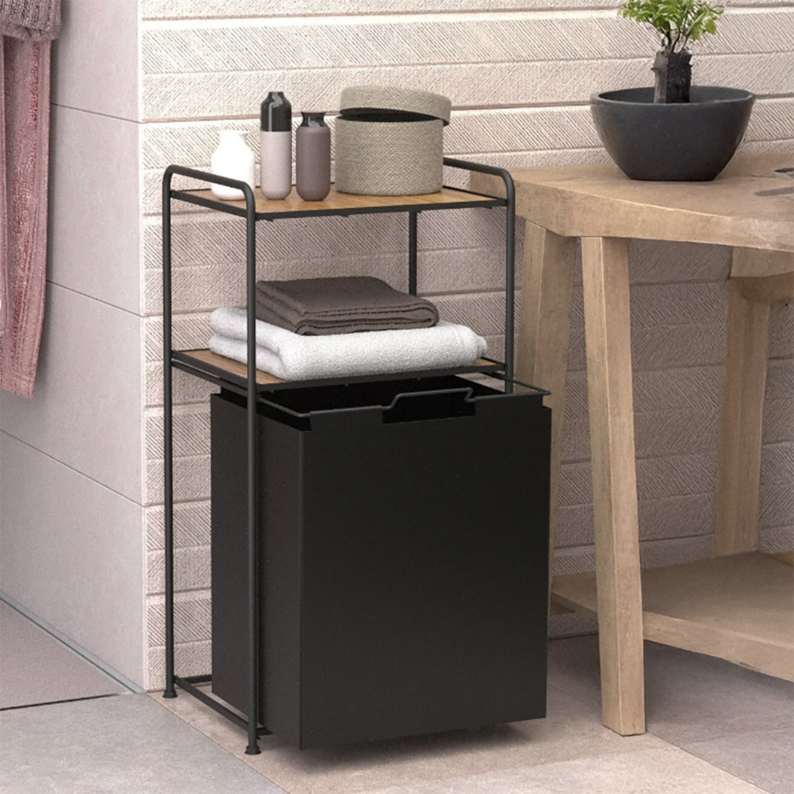    Tekno-Tel 2 Katlı Ahşap Raflı Kirli Çamaşır Sepeti 