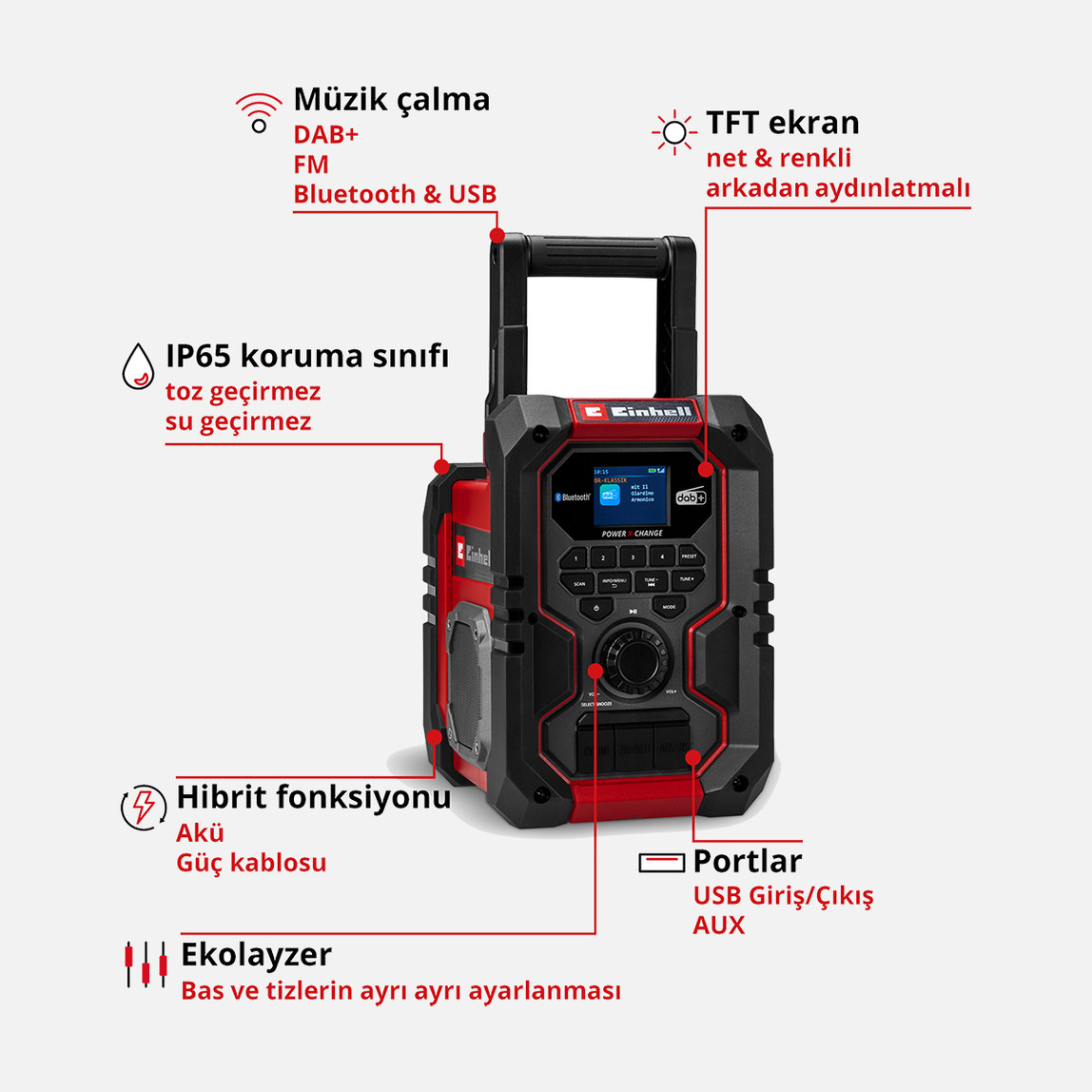    Einhell TE-CR 18 Li DAB+/FM/BT Solo Akülü Radyo (Akü ve şarj cihazı dahil değildir) 