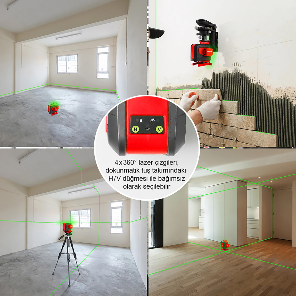    KOBB KBL35G Profesyonel Li-ion Şarjlı 4X360 derece Otomatik Hizalamalı Yeşil Çapraz Çizgi Lazer Distomat ve Uzaktan Kumanda 