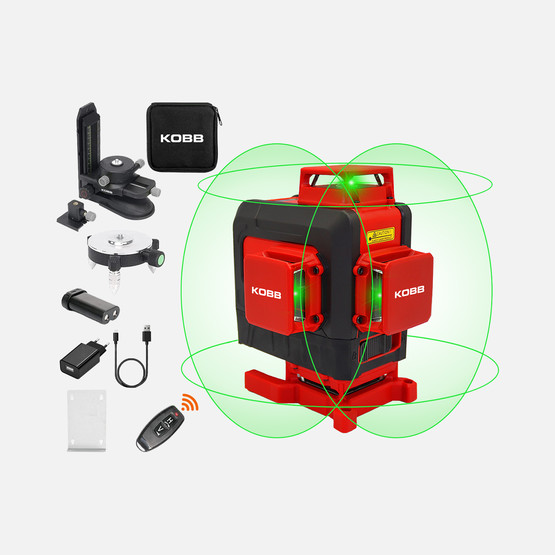 KOBB KBL35G Profesyonel Li-ion Şarjlı 4X360 derece Otomatik Hizalamalı Yeşil Çapraz Çizgi Lazer Distomat ve Uzaktan Kuma