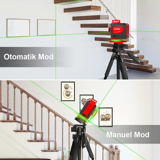 KOBB KBL35G Profesyonel Li-ion Şarjlı 4X360 derece Otomatik Hizalamalı Yeşil Çapraz Çizgi Lazer Distomat ve Uzaktan Kuma